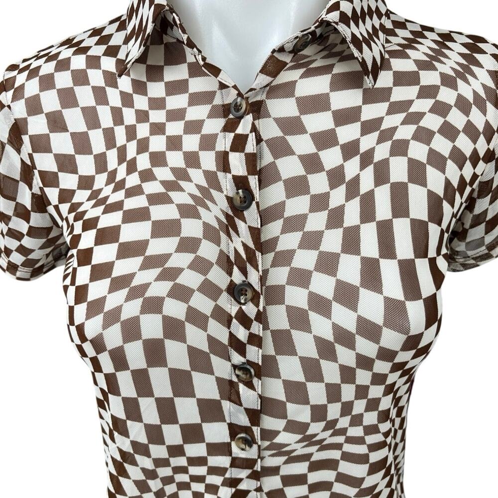 NEW No Boundaries Brown White Gingham Check Illusion Button Down Shirt Top S - Picture 3 of 6